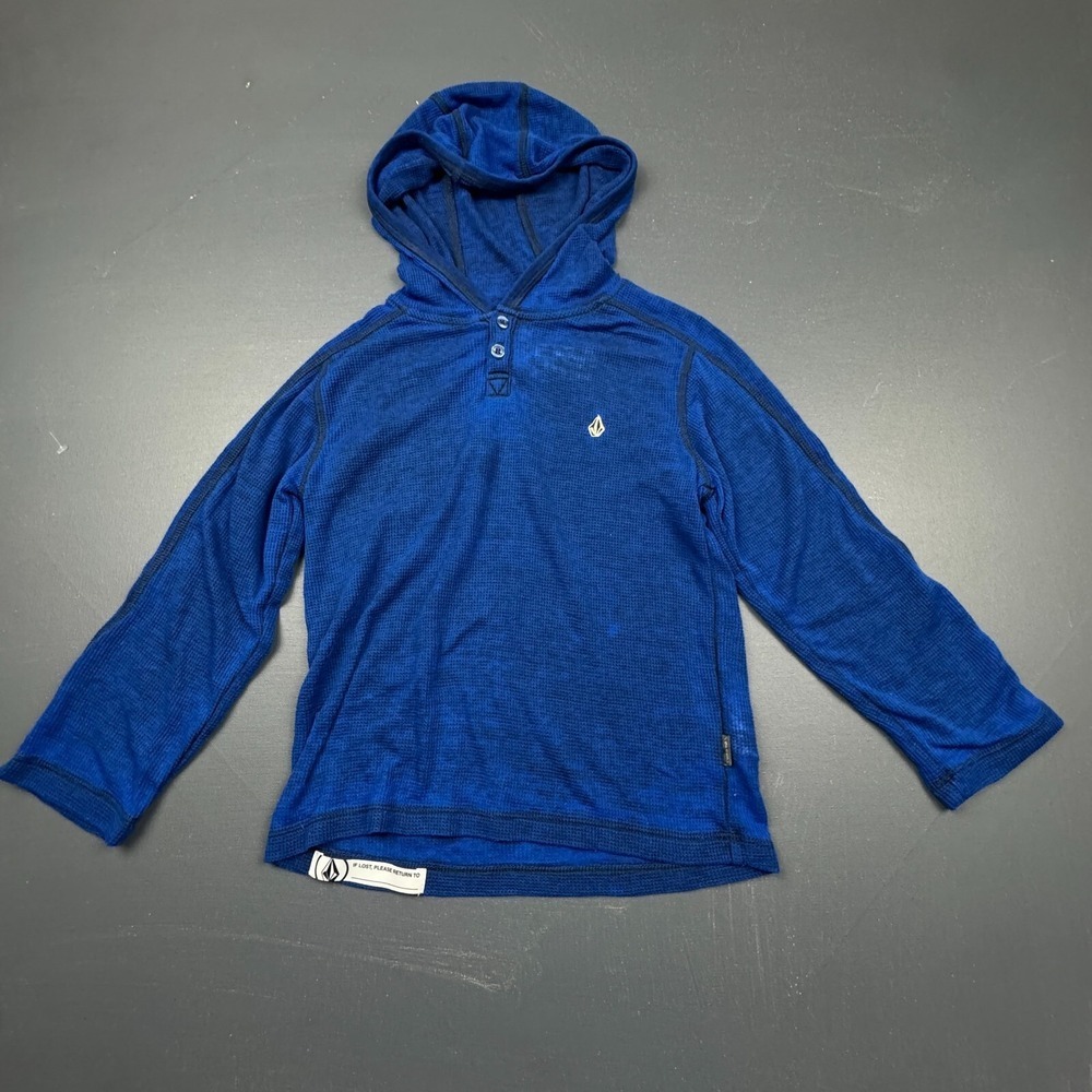 Volcom Boys 5 Blue Hooded Henley Long Sleeve Waffle Knit Sweatshirt Shirt Top